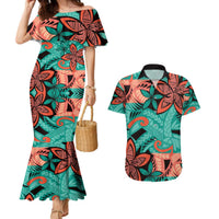 Plumeria Polynesian Pattern Couples Matching Mermaid Dress and Hawaiian Shirt Unique Fantasy Teal Orange LT01 Teal - Polynesian Pride