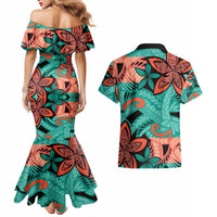 Plumeria Polynesian Pattern Couples Matching Mermaid Dress and Hawaiian Shirt Unique Fantasy Teal Orange LT01 - Polynesian Pride