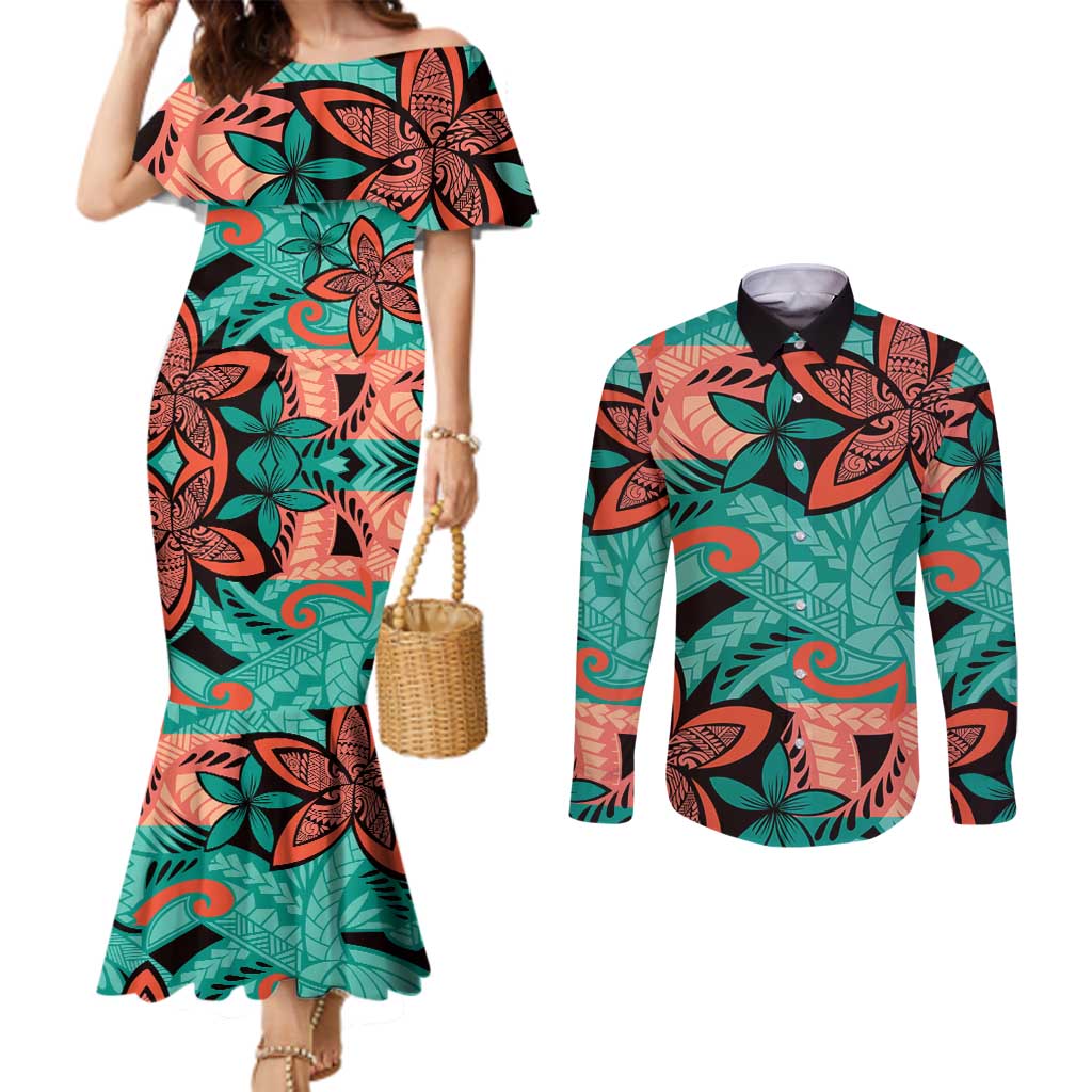 Plumeria Polynesian Pattern Couples Matching Mermaid Dress and Long Sleeve Button Shirt Unique Fantasy Teal Orange LT01 Teal - Polynesian Pride