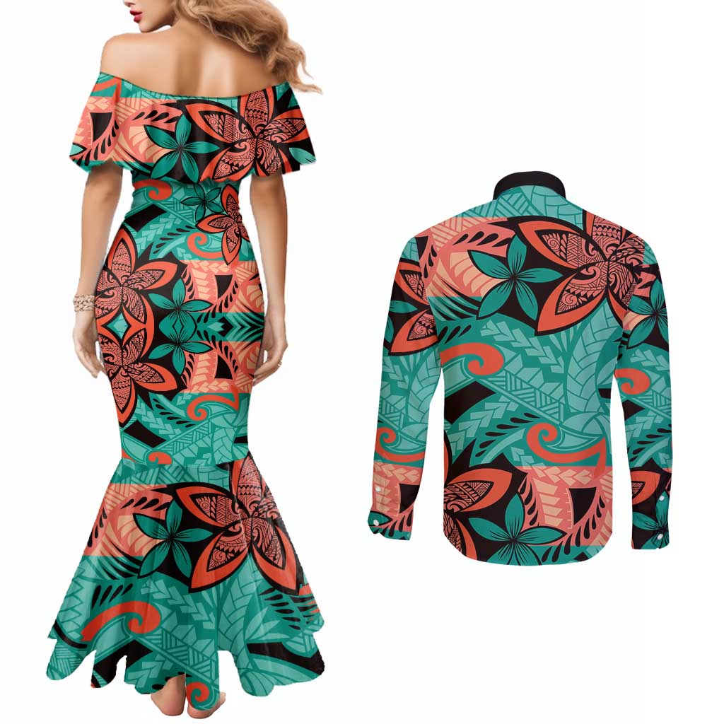 Plumeria Polynesian Pattern Couples Matching Mermaid Dress and Long Sleeve Button Shirt Unique Fantasy Teal Orange