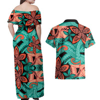 Plumeria Polynesian Pattern Couples Matching Off Shoulder Maxi Dress and Hawaiian Shirt Unique Fantasy Teal Orange LT01 - Polynesian Pride