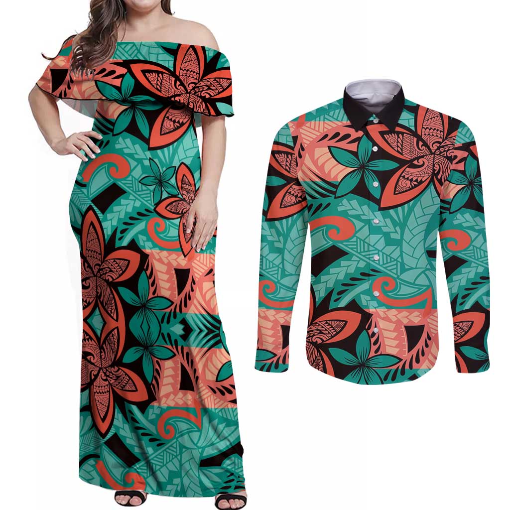 Plumeria Polynesian Pattern Couples Matching Off Shoulder Maxi Dress and Long Sleeve Button Shirt Unique Fantasy Teal Orange LT01 Teal - Polynesian Pride