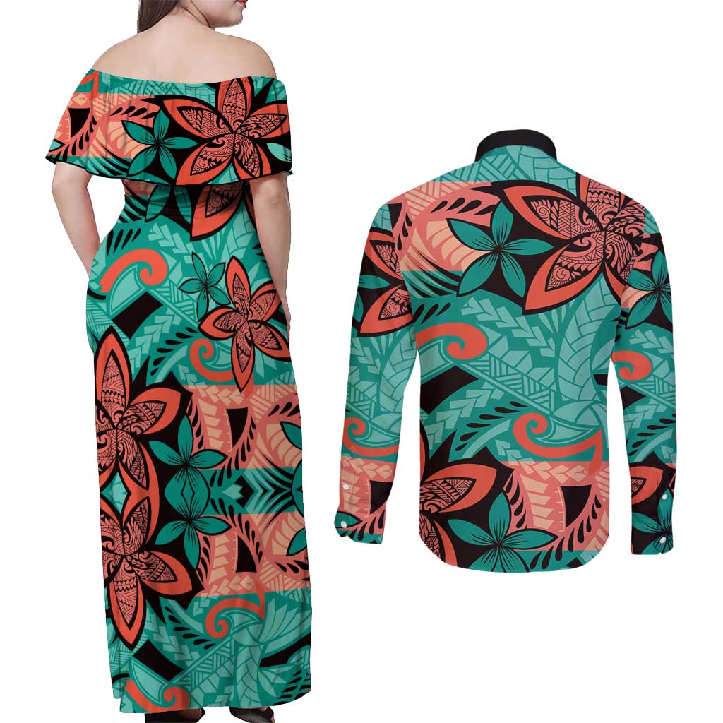 Plumeria Polynesian Pattern Couples Matching Off Shoulder Maxi Dress and Long Sleeve Button Shirt Unique Fantasy Teal Orange LT01 - Polynesian Pride
