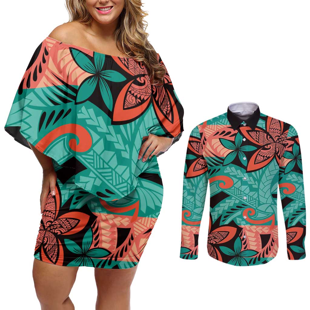 Plumeria Polynesian Pattern Couples Matching Off Shoulder Short Dress and Long Sleeve Button Shirt Unique Fantasy Teal Orange LT01 Teal - Polynesian Pride