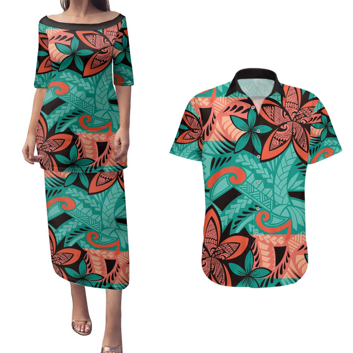 Plumeria Polynesian Pattern Couples Matching Puletasi and Hawaiian Shirt Unique Fantasy Teal Orange LT01 Teal - Polynesian Pride