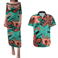 Plumeria Polynesian Pattern Couples Matching Puletasi and Hawaiian Shirt Unique Fantasy Teal Orange LT01 Teal - Polynesian Pride