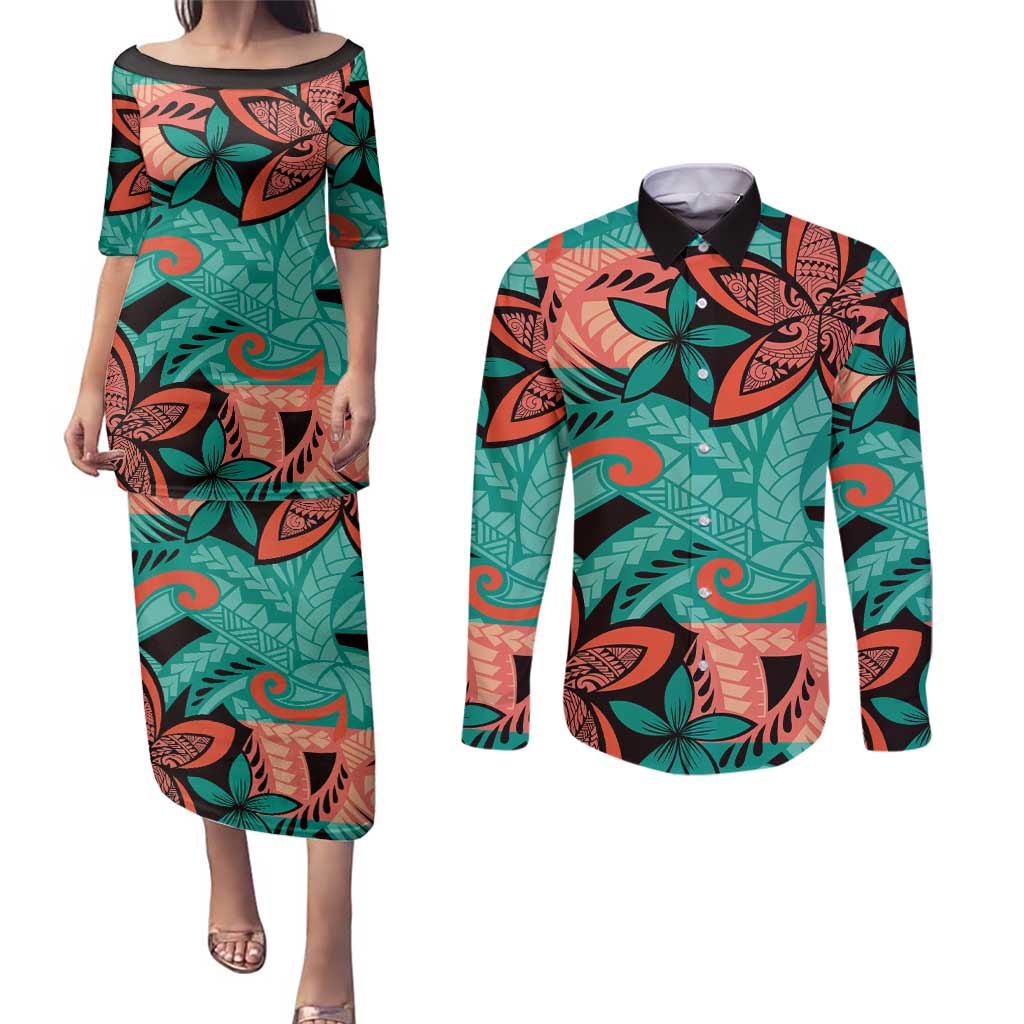 Plumeria Polynesian Pattern Couples Matching Puletasi and Long Sleeve Button Shirt Unique Fantasy Teal Orange LT01 Teal - Polynesian Pride