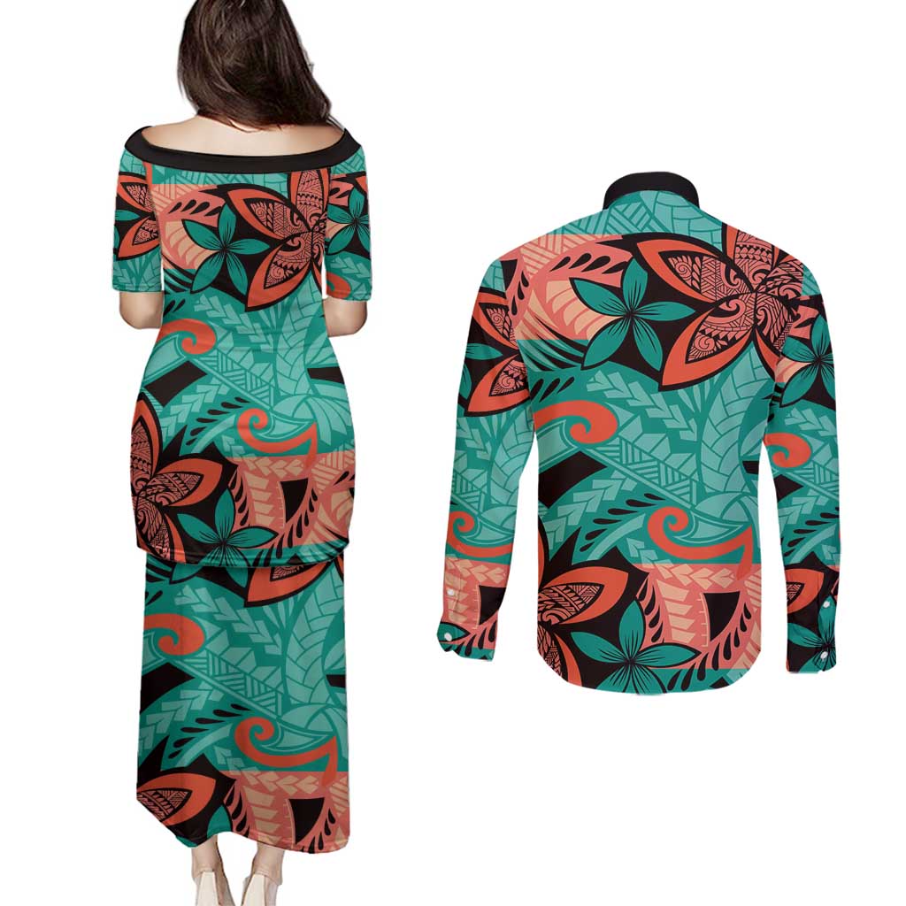 Plumeria Polynesian Pattern Couples Matching Puletasi and Long Sleeve Button Shirt Unique Fantasy Teal Orange LT01 - Polynesian Pride
