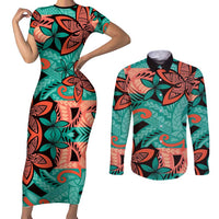 Plumeria Polynesian Pattern Couples Matching Short Sleeve Bodycon Dress and Long Sleeve Button Shirt Unique Fantasy Teal Orange LT01 Teal - Polynesian Pride