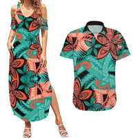 Plumeria Polynesian Pattern Couples Matching Summer Maxi Dress and Hawaiian Shirt Unique Fantasy Teal Orange LT01 Teal - Polynesian Pride