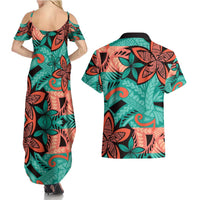 Plumeria Polynesian Pattern Couples Matching Summer Maxi Dress and Hawaiian Shirt Unique Fantasy Teal Orange LT01 - Polynesian Pride