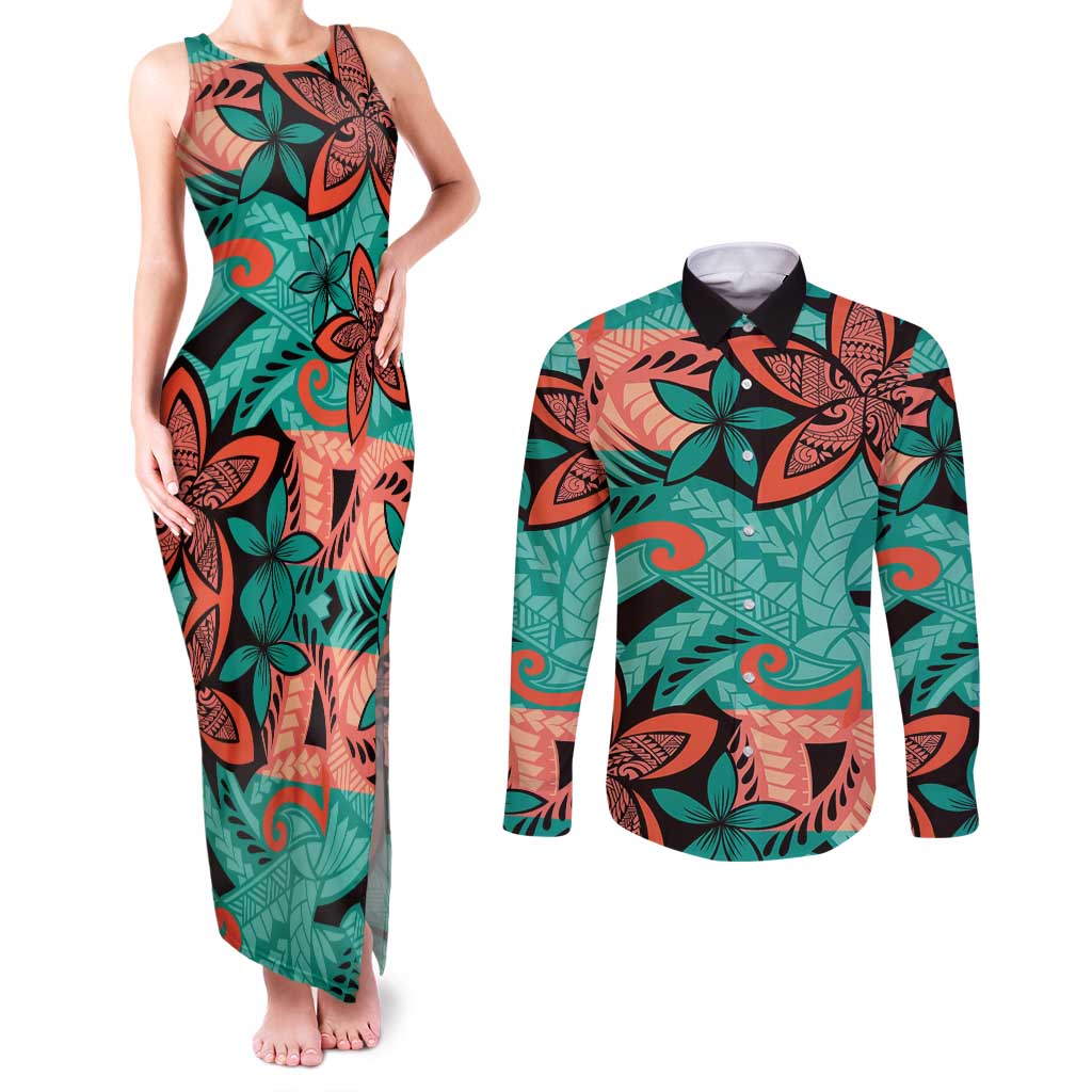 Plumeria Polynesian Pattern Couples Matching Tank Maxi Dress and Long Sleeve Button Shirt Unique Fantasy Teal Orange LT01 Teal - Polynesian Pride