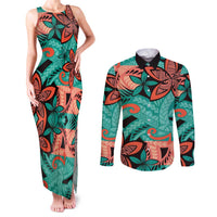 Plumeria Polynesian Pattern Couples Matching Tank Maxi Dress and Long Sleeve Button Shirt Unique Fantasy Teal Orange LT01 Teal - Polynesian Pride