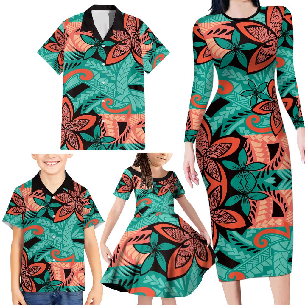 Plumeria Polynesian Pattern Family Matching Long Sleeve Bodycon Dress and Hawaiian Shirt Unique Fantasy Teal Orange
