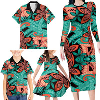 Plumeria Polynesian Pattern Family Matching Long Sleeve Bodycon Dress and Hawaiian Shirt Unique Fantasy Teal Orange