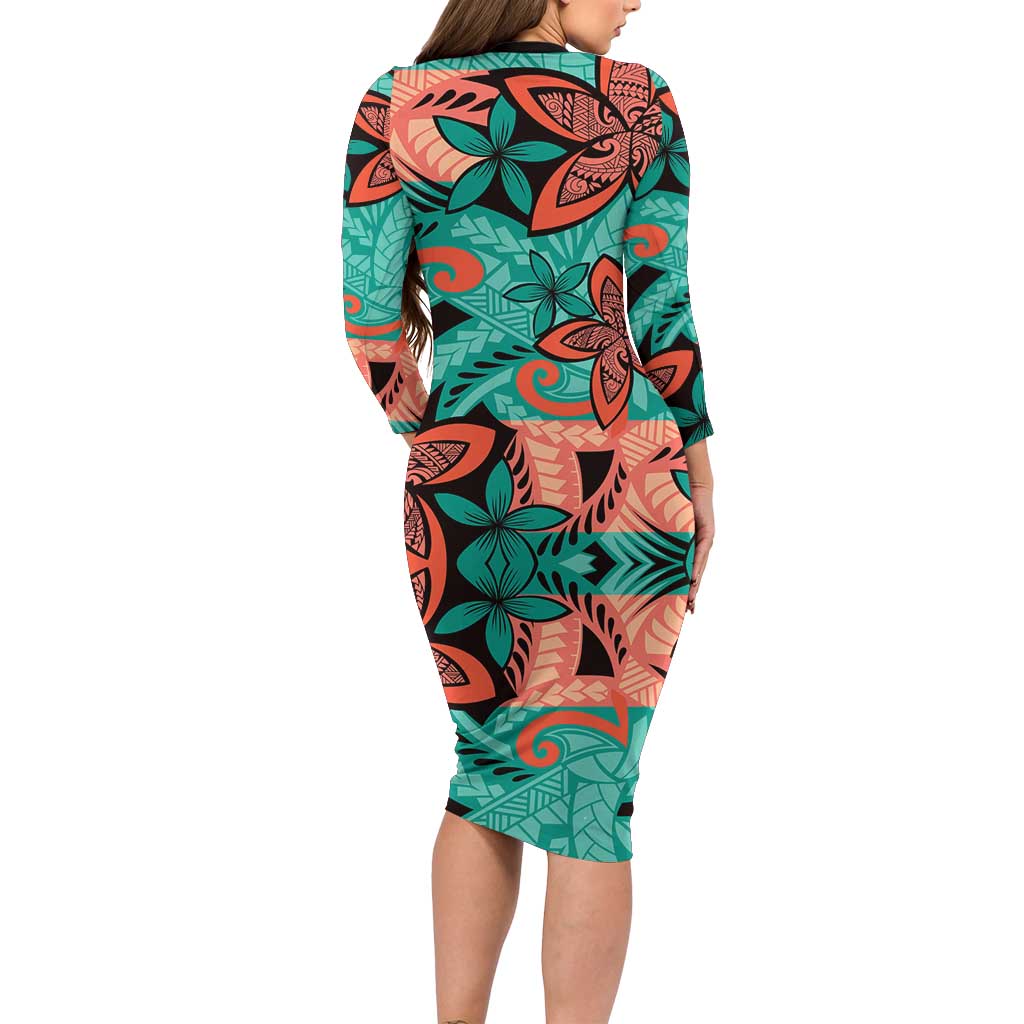 Plumeria Polynesian Pattern Family Matching Long Sleeve Bodycon Dress and Hawaiian Shirt Unique Fantasy Teal Orange