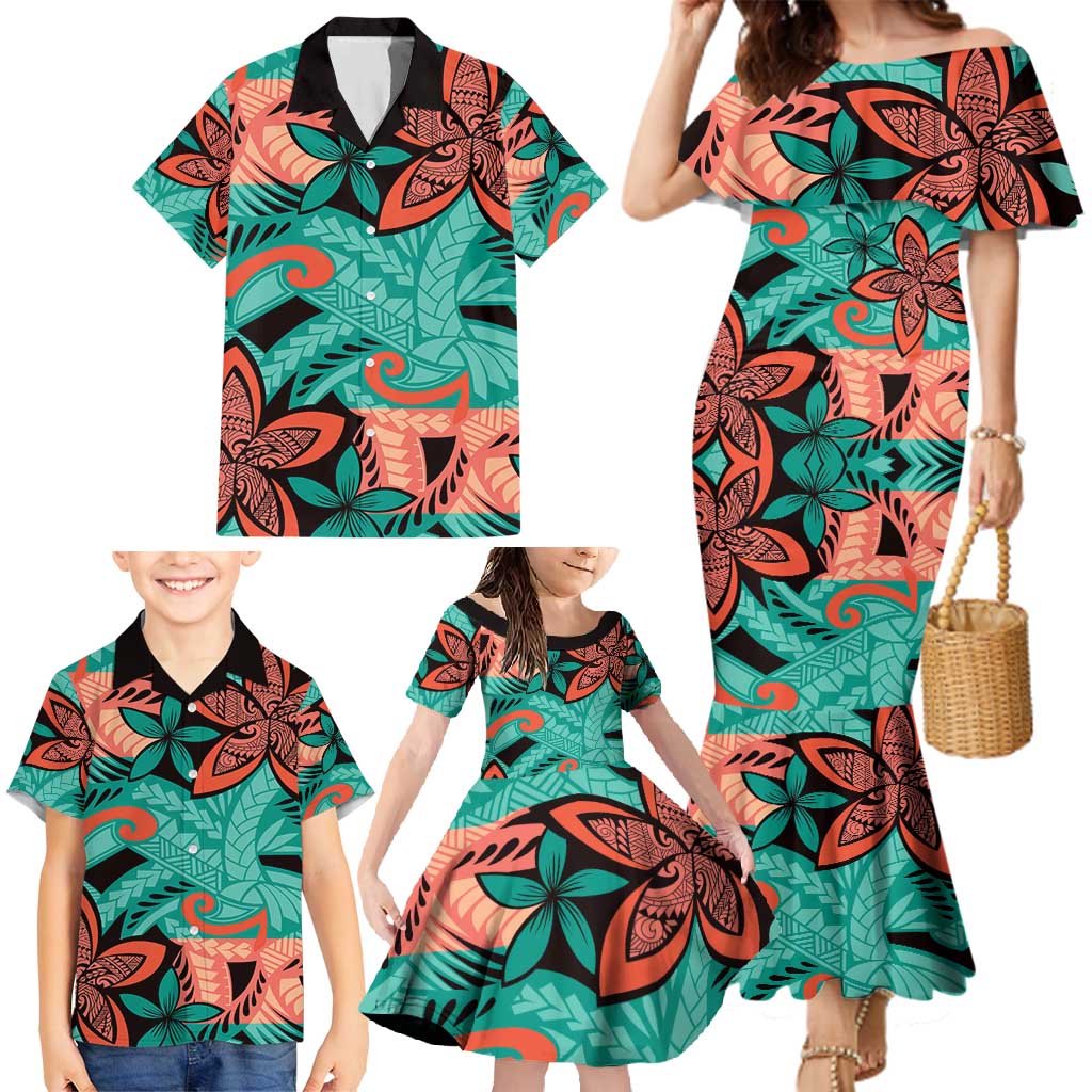 Plumeria Polynesian Pattern Family Matching Mermaid Dress and Hawaiian Shirt Unique Fantasy Teal Orange