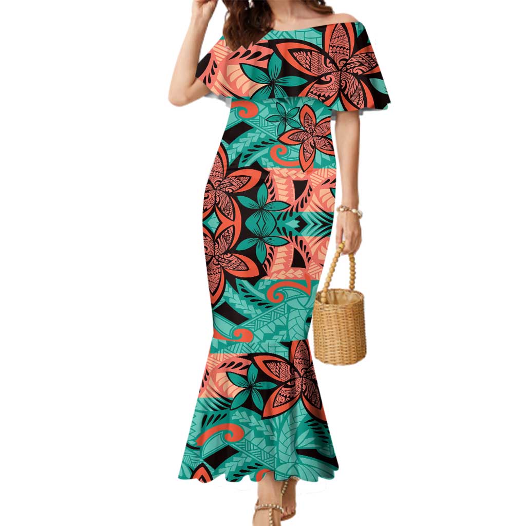 Plumeria Polynesian Pattern Family Matching Mermaid Dress and Hawaiian Shirt Unique Fantasy Teal Orange