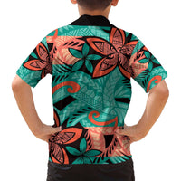 Plumeria Polynesian Pattern Family Matching Off The Shoulder Long Sleeve Dress and Hawaiian Shirt Unique Fantasy Teal Orange