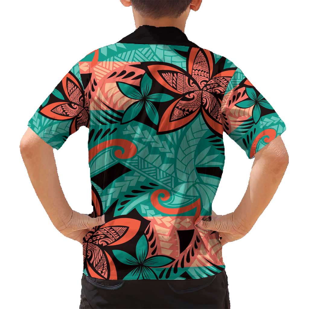 Plumeria Polynesian Pattern Family Matching Off Shoulder Maxi Dress and Hawaiian Shirt Unique Fantasy Teal Orange