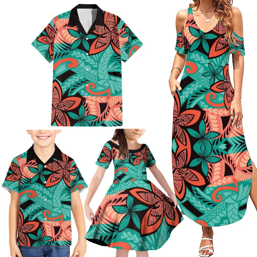 Plumeria Polynesian Pattern Family Matching Summer Maxi Dress and Hawaiian Shirt Unique Fantasy Teal Orange