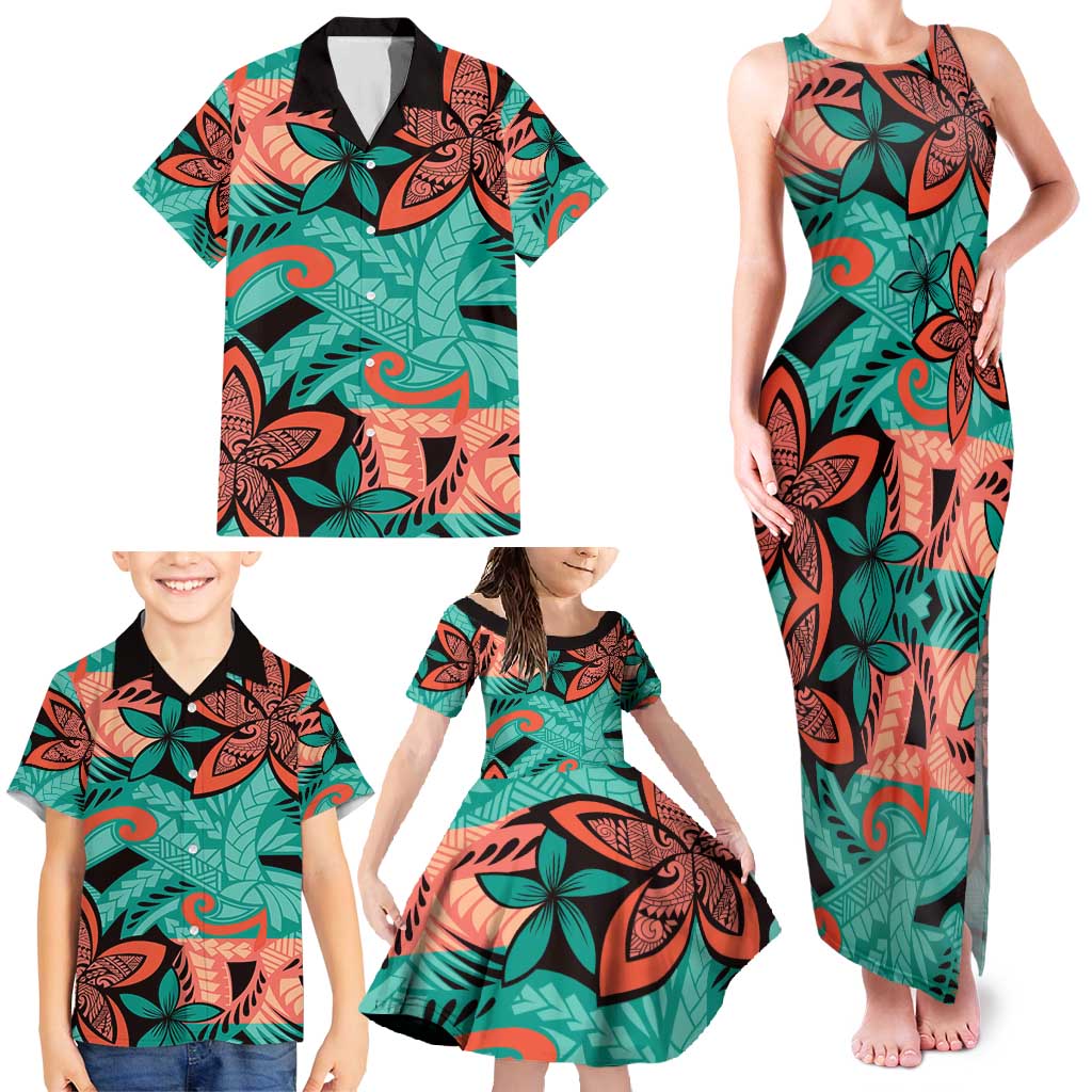 Plumeria Polynesian Pattern Family Matching Tank Maxi Dress and Hawaiian Shirt Unique Fantasy Teal Orange