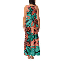 Plumeria Polynesian Pattern Family Matching Tank Maxi Dress and Hawaiian Shirt Unique Fantasy Teal Orange