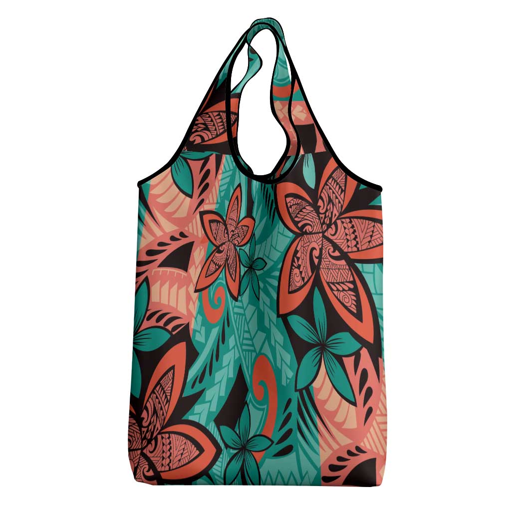 Plumeria Polynesian Pattern Grocery Bag Unique Fantasy Teal Orange