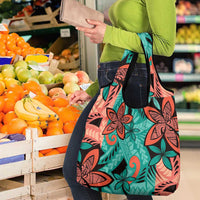Plumeria Polynesian Pattern Grocery Bag Unique Fantasy Teal Orange