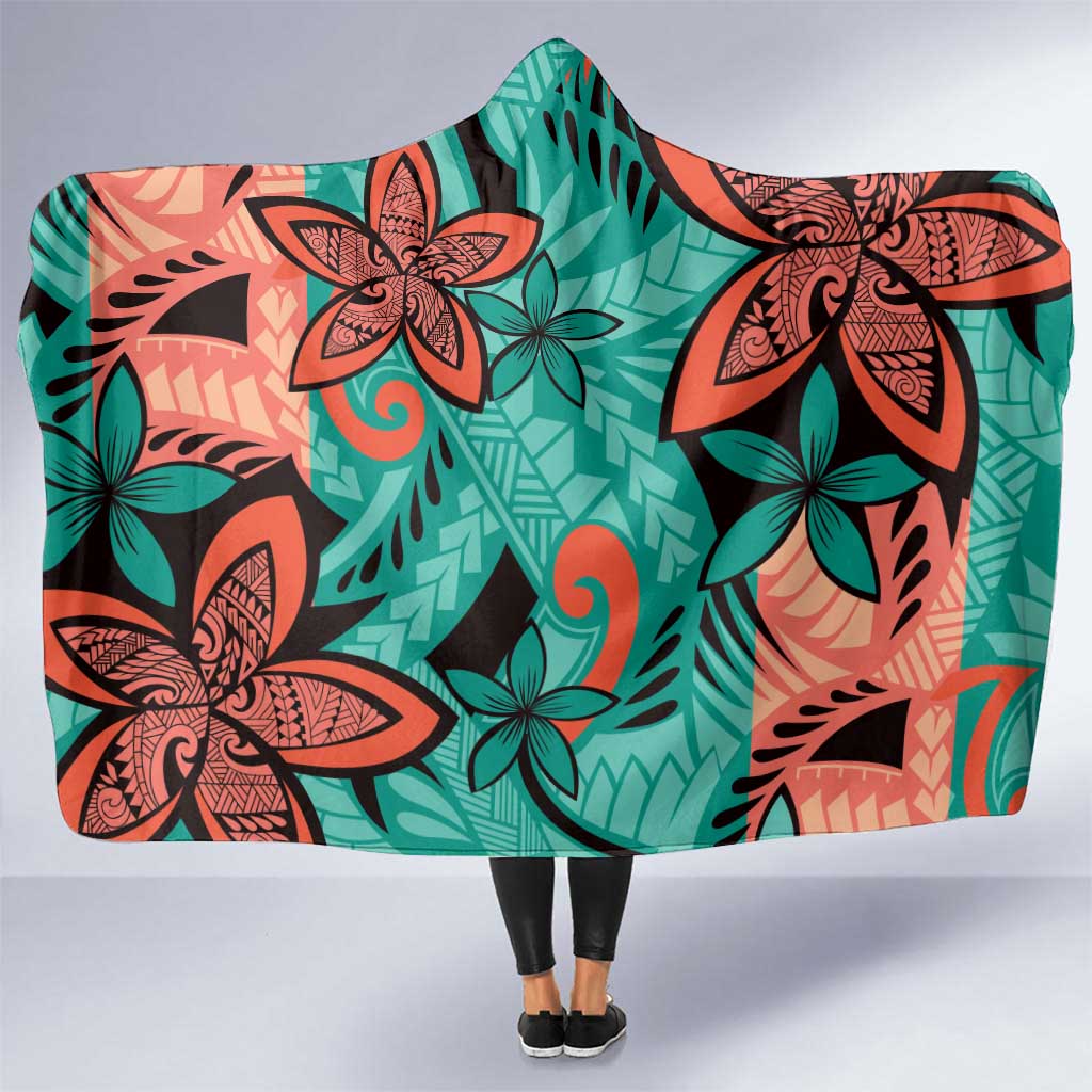 Plumeria Polynesian Pattern Hooded Blanket Unique Fantasy Teal Orange LT01 One Size Teal - Polynesian Pride