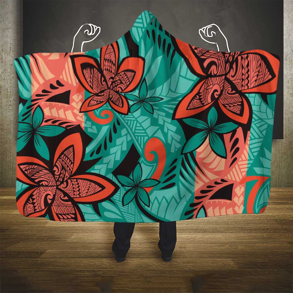 Plumeria Polynesian Pattern Hooded Blanket Unique Fantasy Teal Orange LT01 - Polynesian Pride