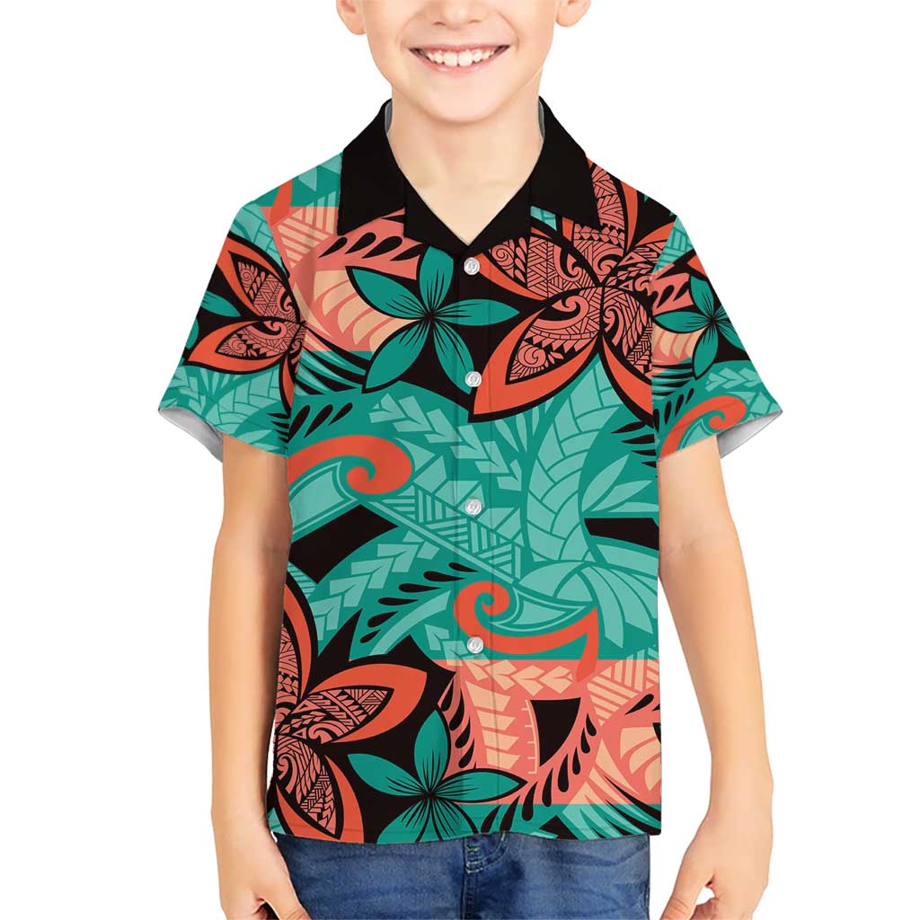 Plumeria Polynesian Pattern Kid Hawaiian Shirt Unique Fantasy Teal Orange LT01 Kid Teal - Polynesian Pride