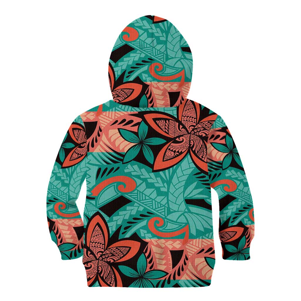Plumeria Polynesian Pattern Kid Hoodie Unique Fantasy Teal Orange