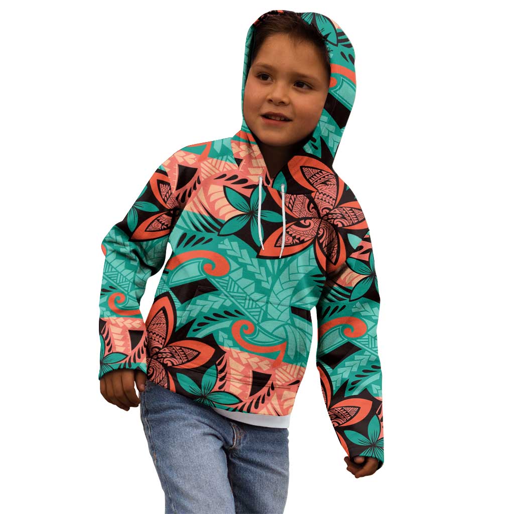 Plumeria Polynesian Pattern Kid Hoodie Unique Fantasy Teal Orange