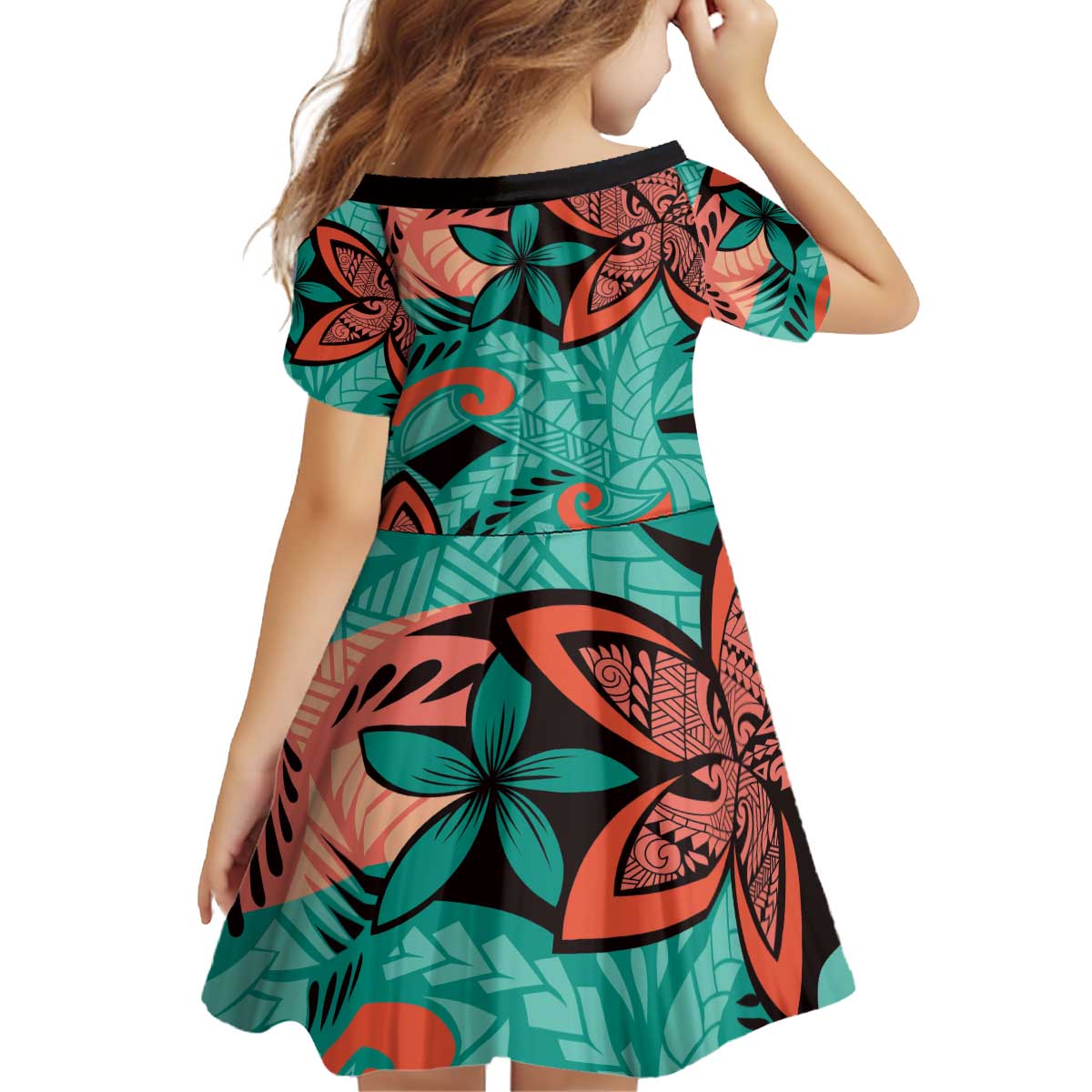 Plumeria Polynesian Pattern Kid Short Sleeve Dress Unique Fantasy Teal Orange LT01 - Polynesian Pride