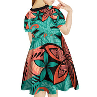 Plumeria Polynesian Pattern Kid Short Sleeve Dress Unique Fantasy Teal Orange LT01 - Polynesian Pride