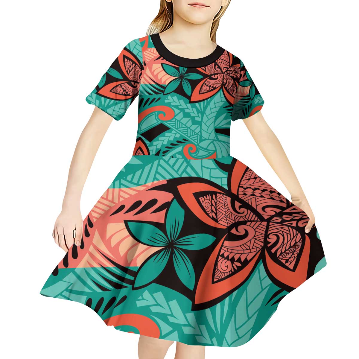 Plumeria Polynesian Pattern Kid Short Sleeve Dress Unique Fantasy Teal Orange LT01 - Polynesian Pride