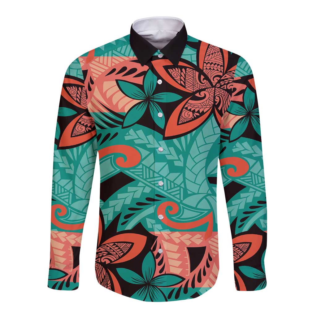 Plumeria Polynesian Pattern Long Sleeve Button Shirt Unique Fantasy Teal Orange LT01 Unisex Teal - Polynesian Pride