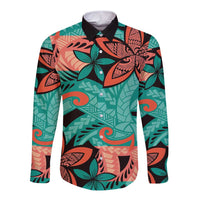 Plumeria Polynesian Pattern Long Sleeve Button Shirt Unique Fantasy Teal Orange LT01 Unisex Teal - Polynesian Pride