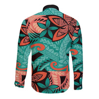 Plumeria Polynesian Pattern Long Sleeve Button Shirt Unique Fantasy Teal Orange LT01 - Polynesian Pride