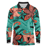 Plumeria Polynesian Pattern Long Sleeve Polo Shirt Unique Fantasy Teal Orange