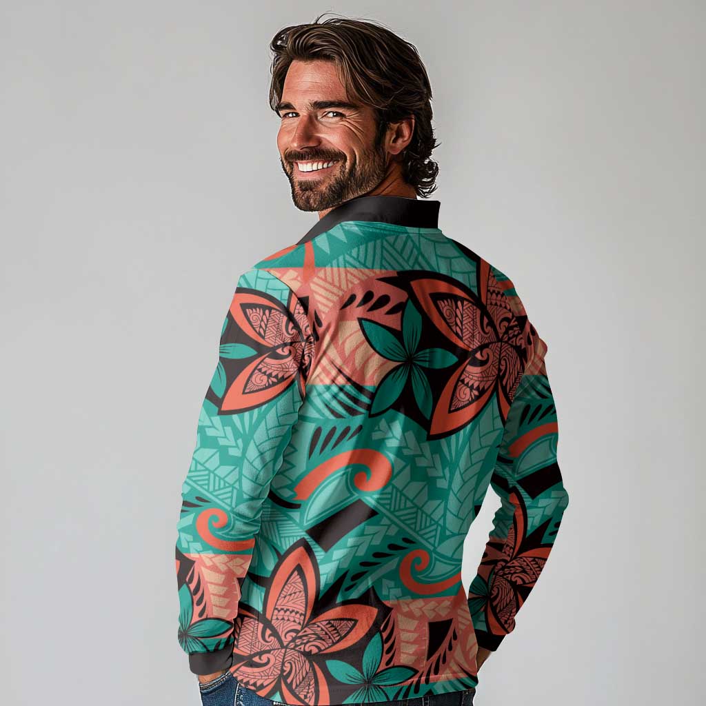Plumeria Polynesian Pattern Long Sleeve Polo Shirt Unique Fantasy Teal Orange