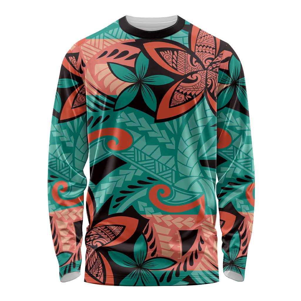 Plumeria Polynesian Pattern Long Sleeve Shirt Unique Fantasy Teal Orange LT01 Unisex Teal - Polynesian Pride