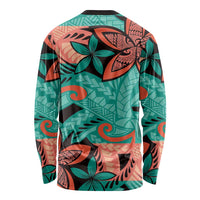 Plumeria Polynesian Pattern Long Sleeve Shirt Unique Fantasy Teal Orange LT01 - Polynesian Pride