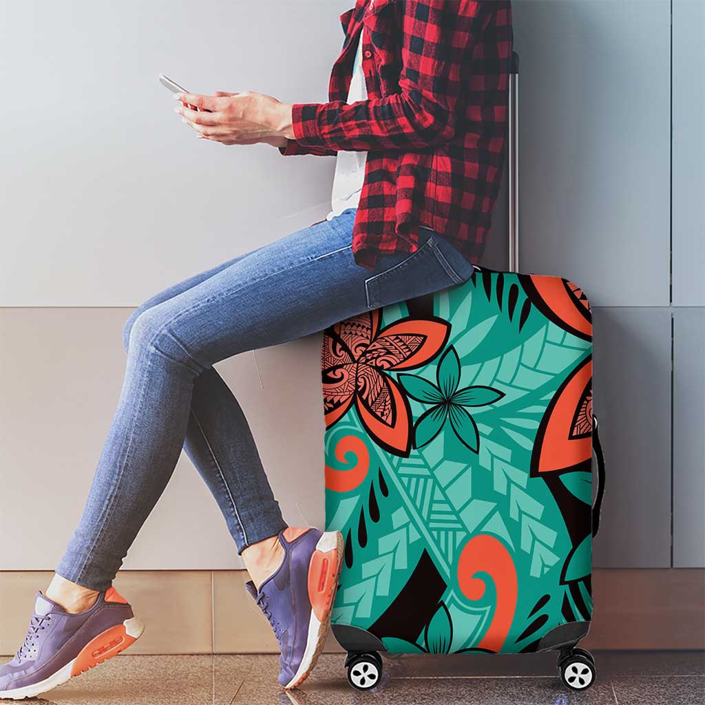 Plumeria Polynesian Pattern Luggage Cover Unique Fantasy Teal Orange