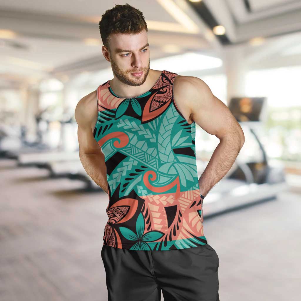 Plumeria Polynesian Pattern Men Tank Top Unique Fantasy Teal Orange LT01 Teal - Polynesian Pride