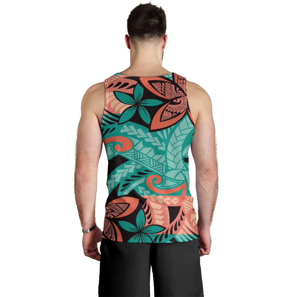 Plumeria Polynesian Pattern Men Tank Top Unique Fantasy Teal Orange LT01 - Polynesian Pride