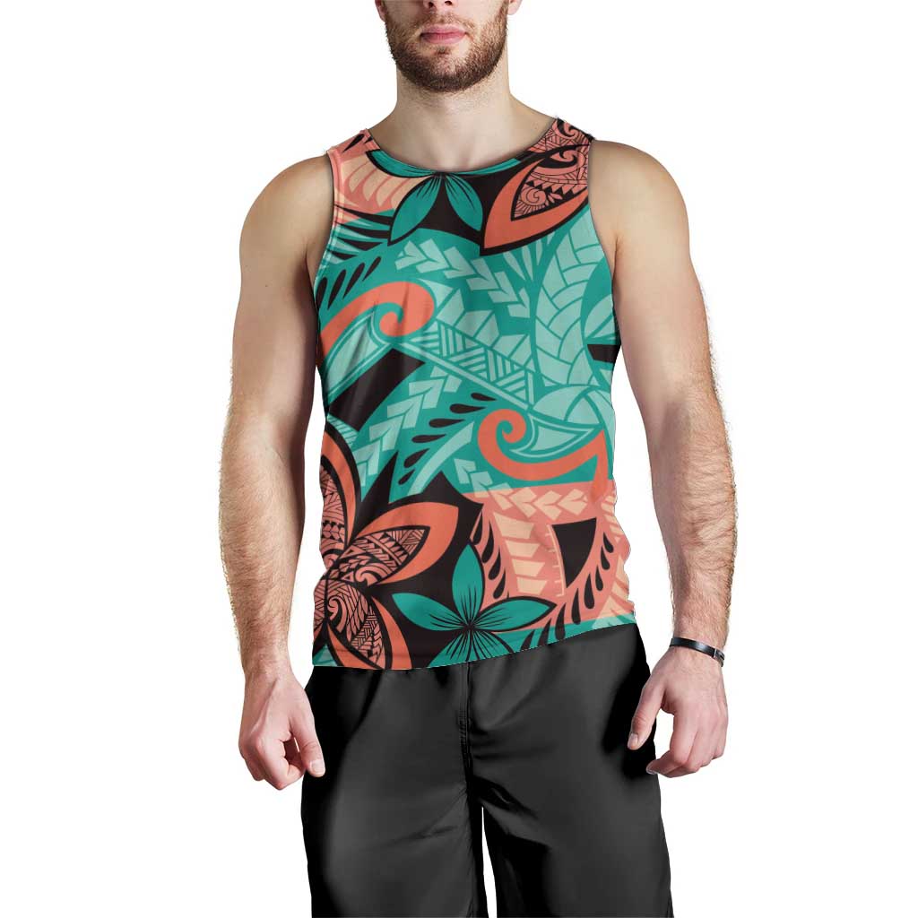 Plumeria Polynesian Pattern Men Tank Top Unique Fantasy Teal Orange LT01 - Polynesian Pride
