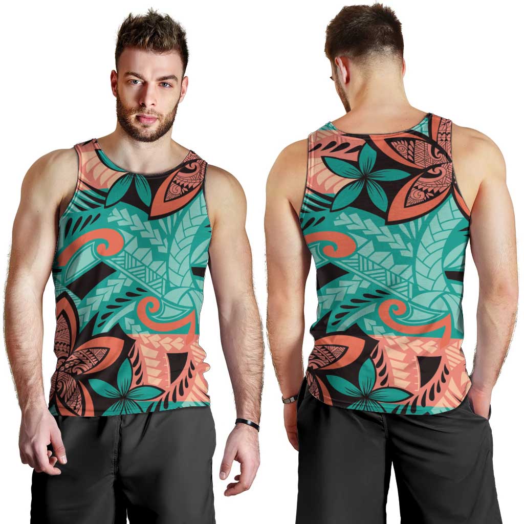 Plumeria Polynesian Pattern Men Tank Top Unique Fantasy Teal Orange LT01 - Polynesian Pride