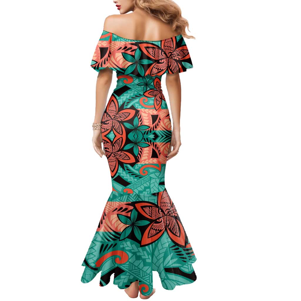 Plumeria Polynesian Pattern Mermaid Dress Unique Fantasy Teal Orange